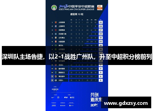 深圳队主场告捷，以2-1战胜广州队，升至中超积分榜前列