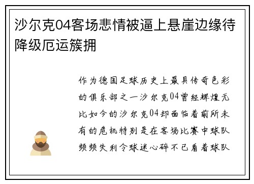 沙尔克04客场悲情被逼上悬崖边缘待降级厄运簇拥